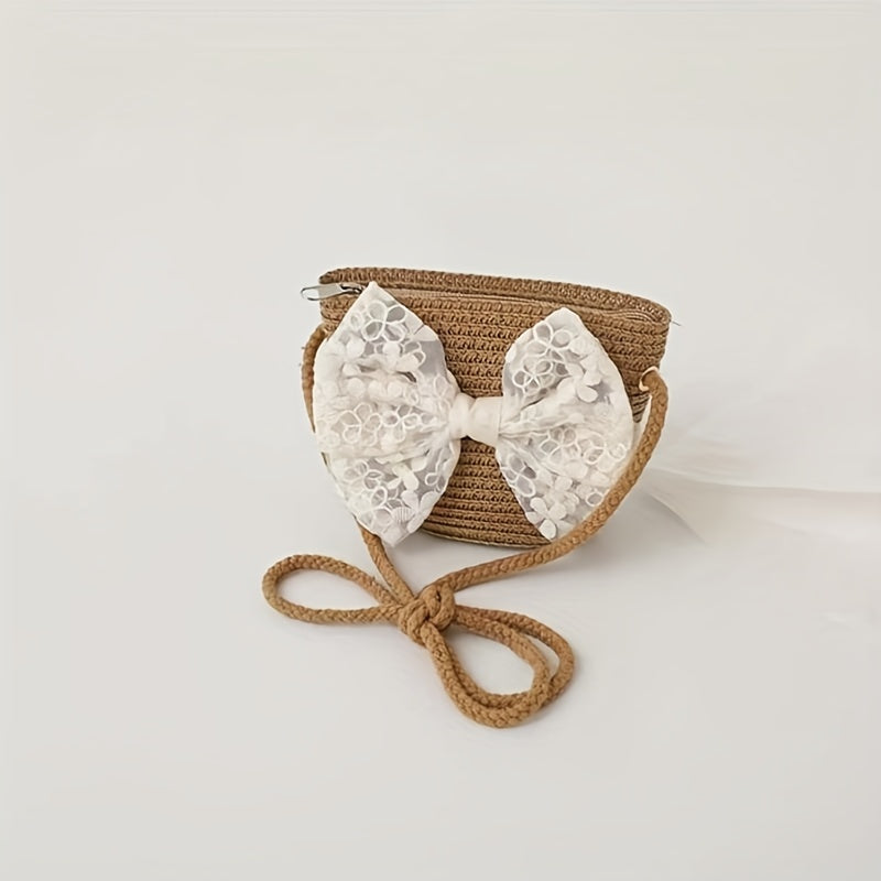 Children's Bow Decor Straw Woven Crossbody Bag for Girls