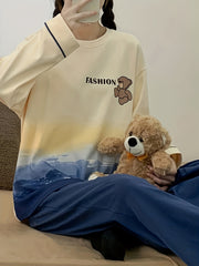 Cartoon Bear Pajama Set Long Sleeve Crew Neck Top & Pants