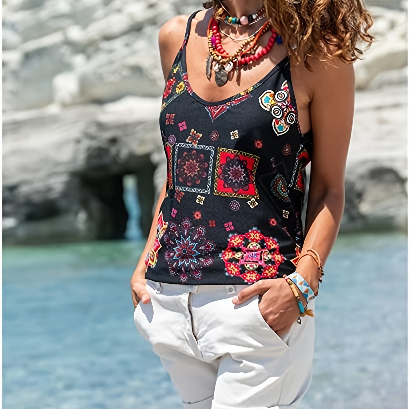 Graphic Print Cami Top Sleeveless Crew Neck Casual Top