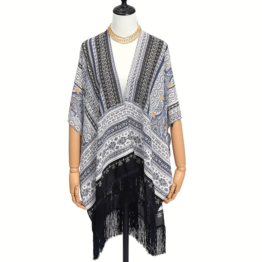 Bohemian Floral Print Shawl Long Wraps Classic Gray Windproof Cape