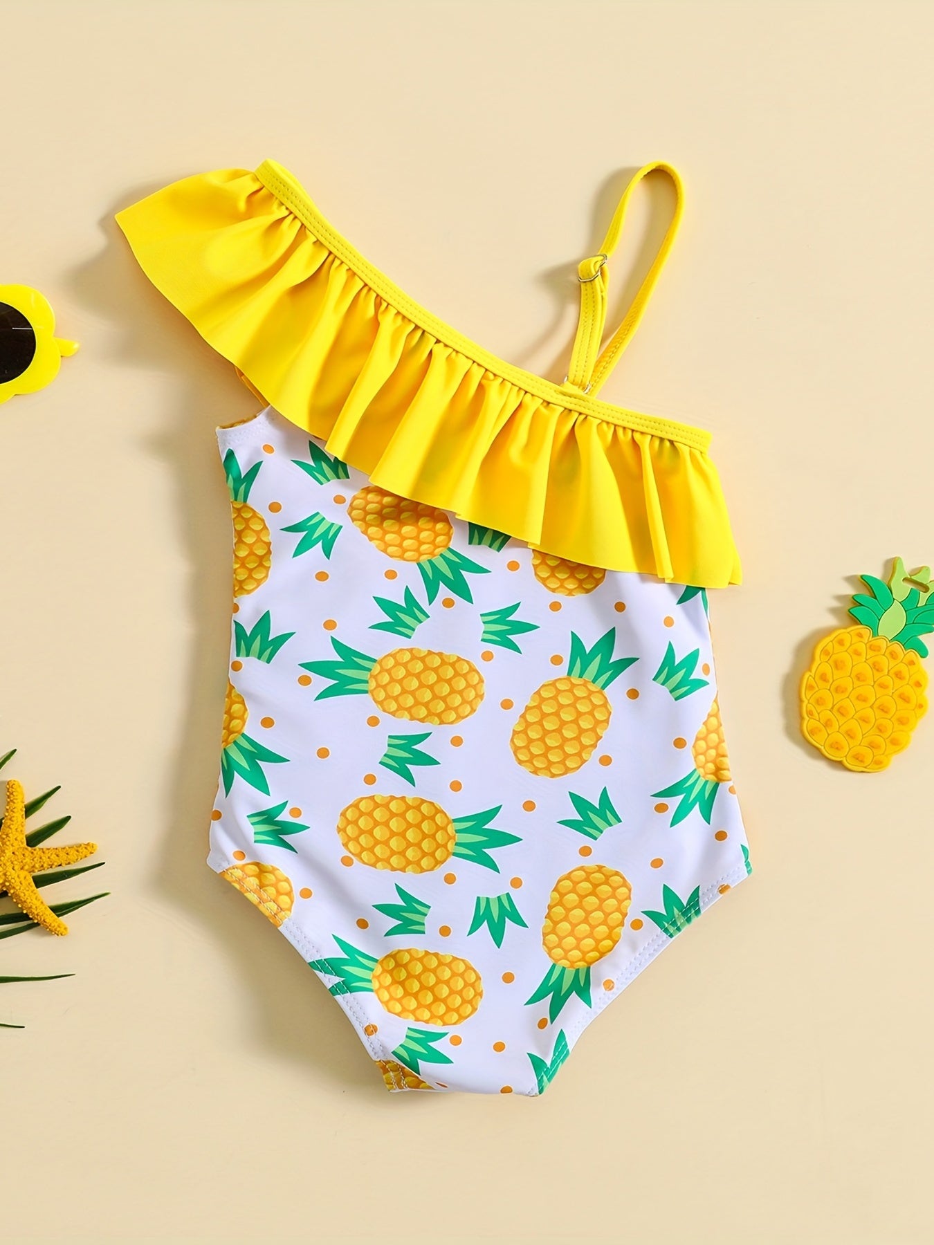 One Shoulder Swimsuit with Pineapple Graphic and Ruffled Trim