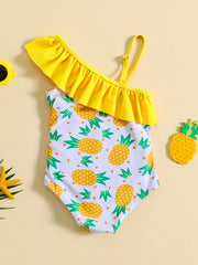 One Shoulder Swimsuit with Pineapple Graphic and Ruffled Trim