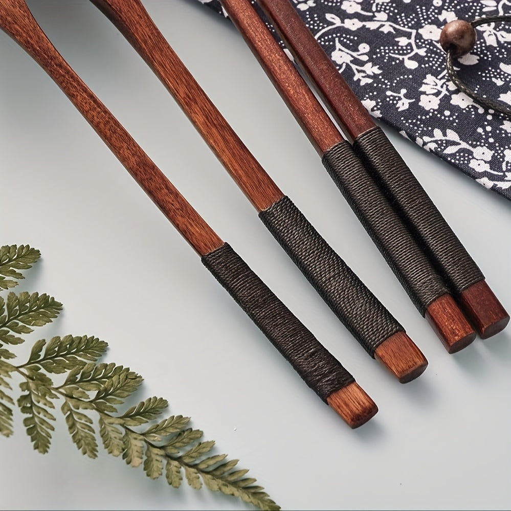 Japanese Style Wooden Flatware Set with Retro Cloth Pouch