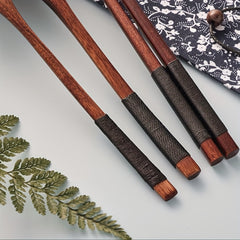 Japanese Style Wooden Flatware Set with Retro Cloth Pouch