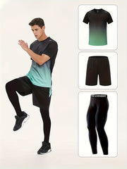 Men's Gradient T-shirt Active Shorts Leggings Set for Basketball Fitness
