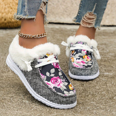 Floral Print Warm Sneakers Lightweight Casual Flat Walking Shoes