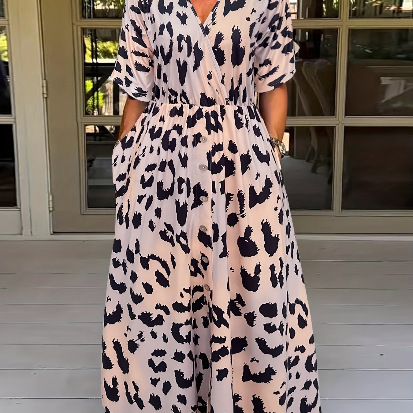 Leopard Print Maxi Dress Elastic Waist Short Sleeve Dress Women's Clothing