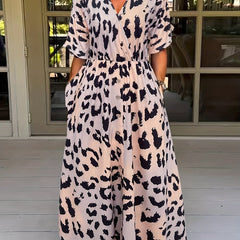 Leopard Print Maxi Dress Elastic Waist Short Sleeve Dress Women's Clothing