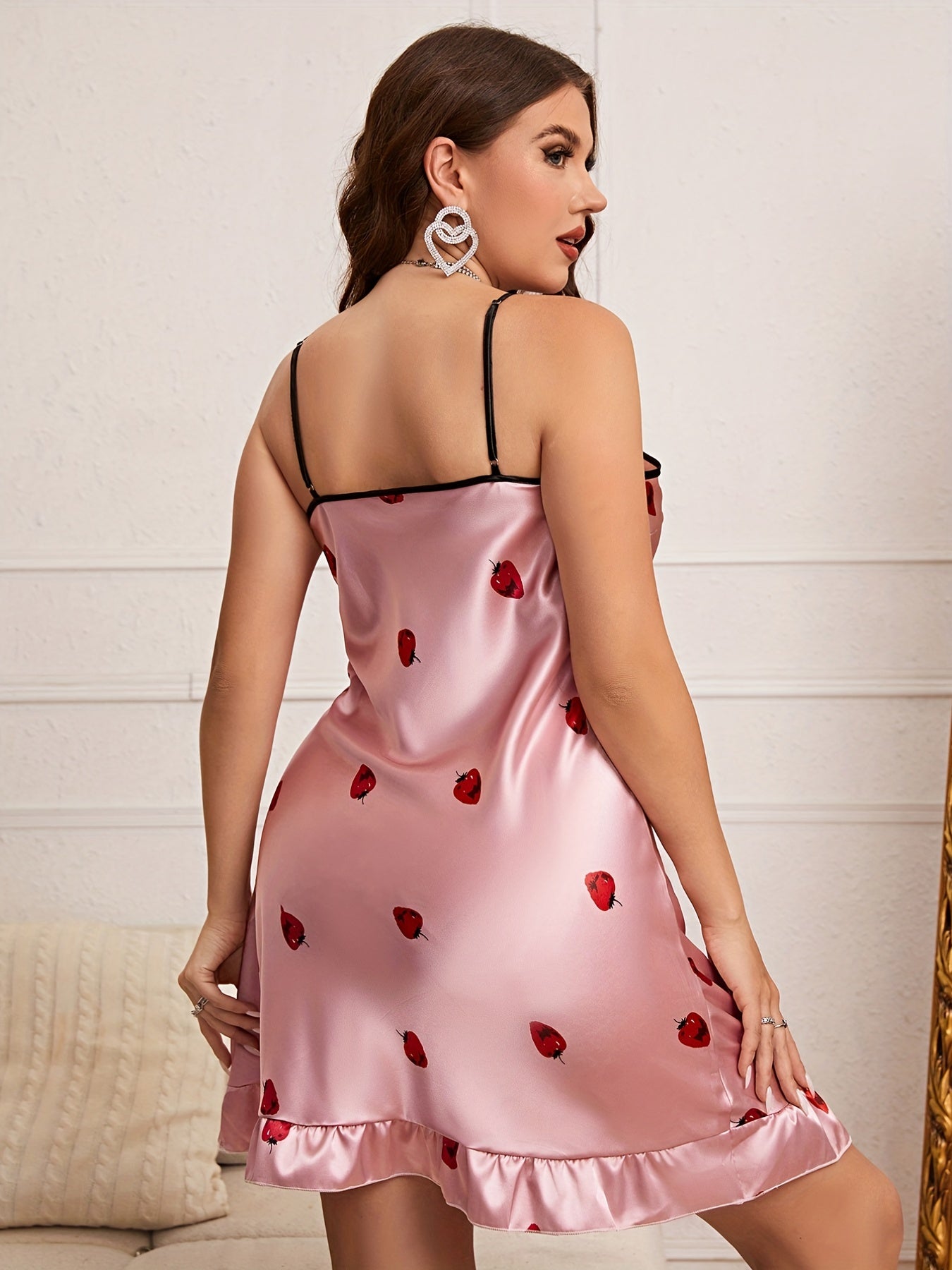 Strawberry Print Ruffle Trim Cami Sleep Dress
