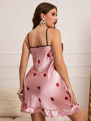 Strawberry Print Ruffle Trim Cami Sleep Dress
