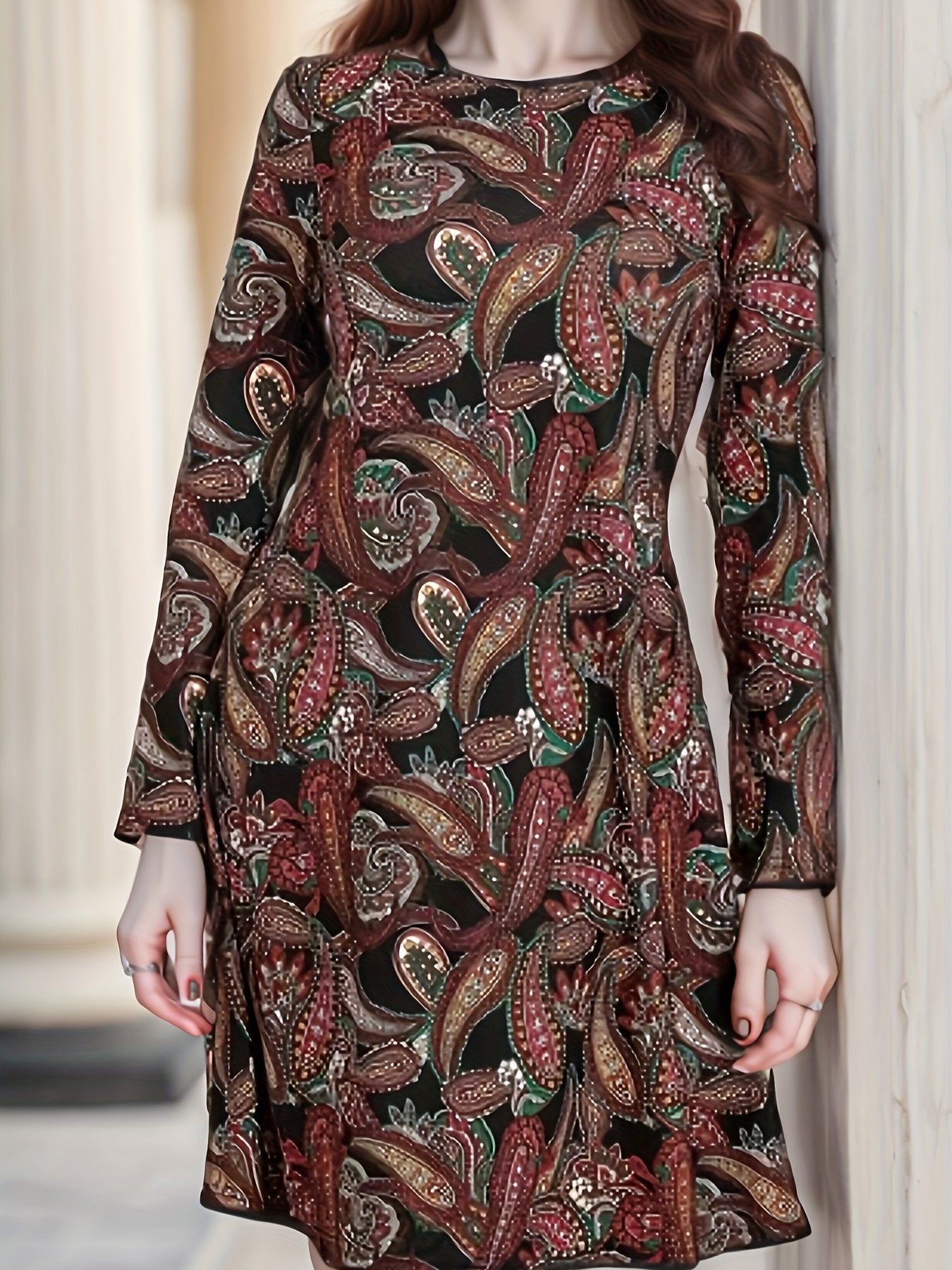 Paisley Print Long Sleeve Boho Dress