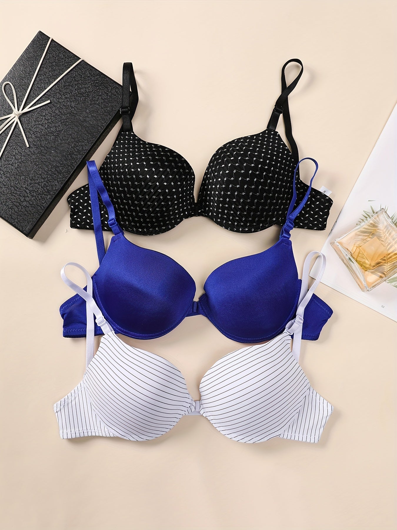 3 Pcs Women's Sexy Print Front Open Plunge Bras