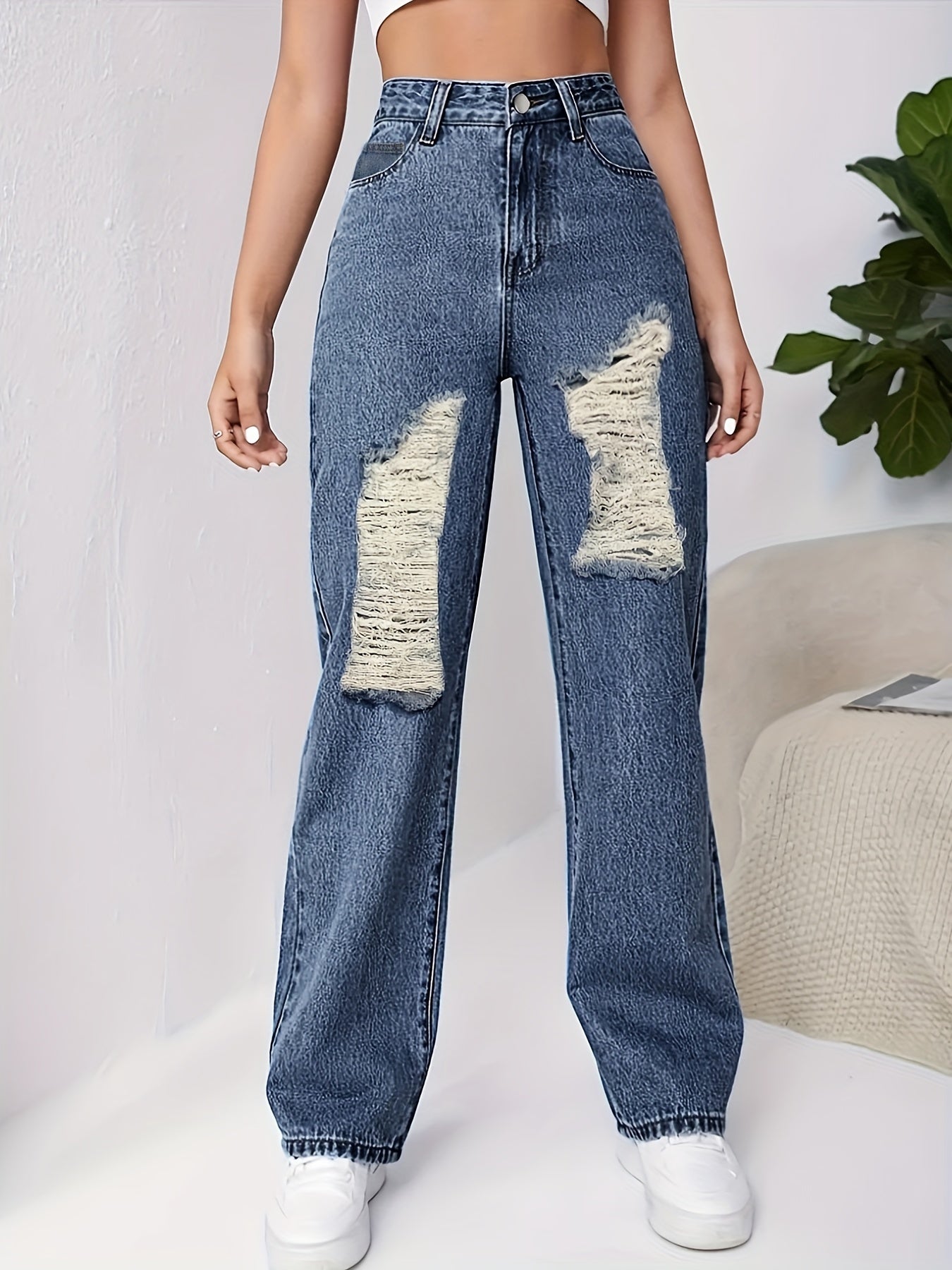 Ripped Holes Straight Jeans Loose Fit Slash Pockets