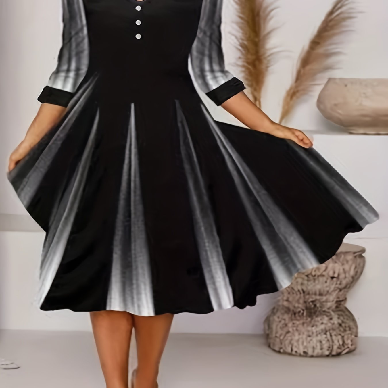 Colorblock Button Decor Midi Dress