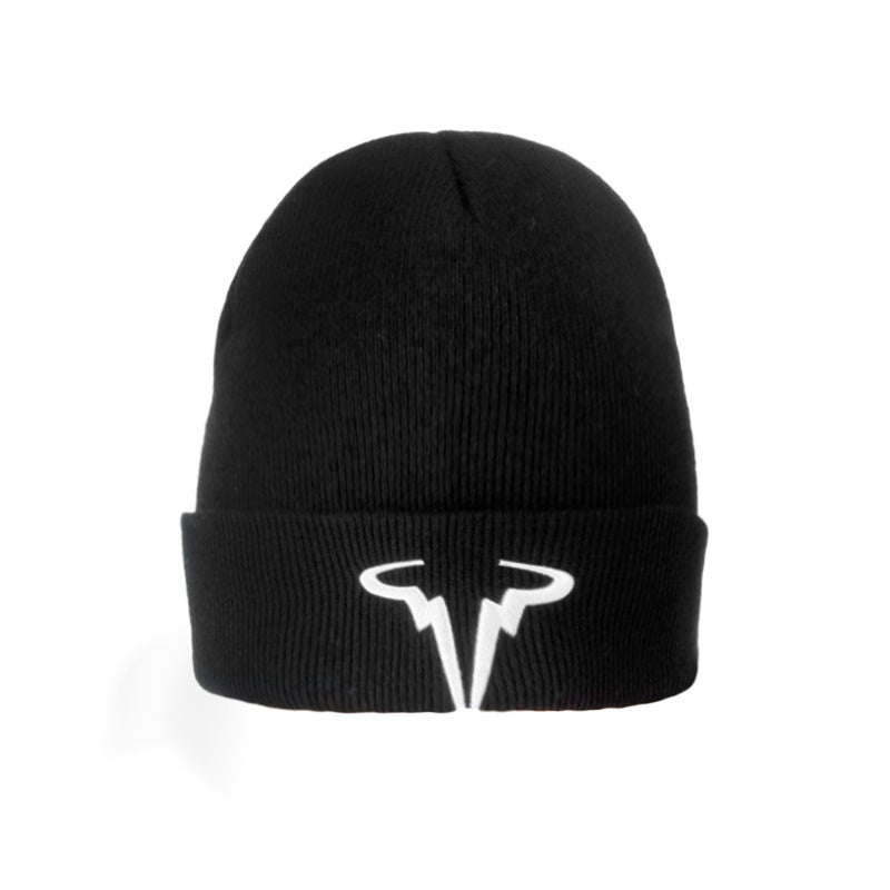 Embroidered Horn Knit Cuffed Beanie Hat