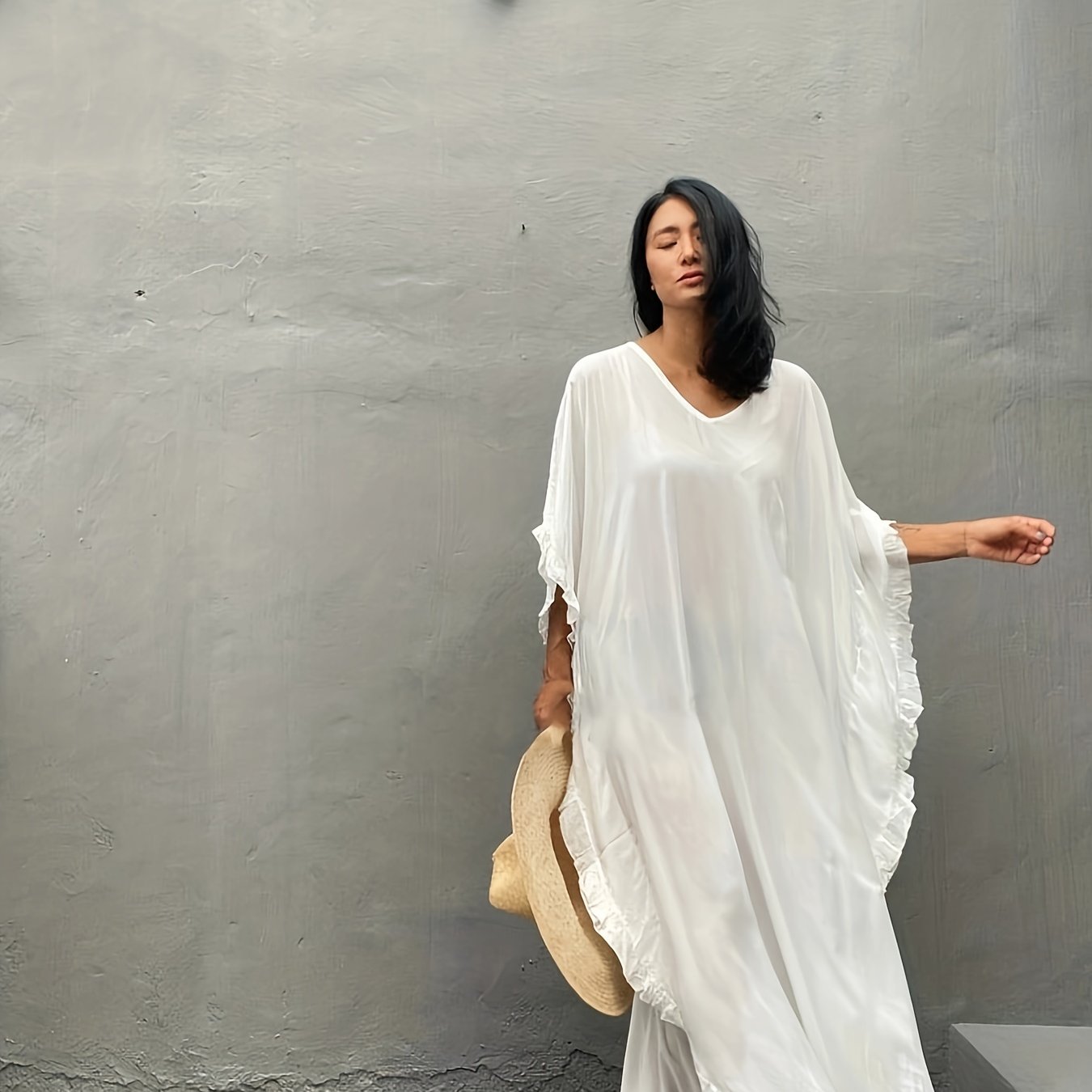 Solid V Neck Ruffle Trim Maxi Split Cover Up