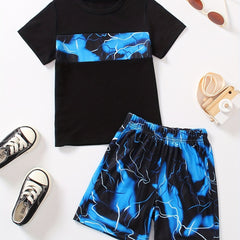 2pcs Boys Lightning Graphic Tee&Shorts Set Summer Kids Clothing