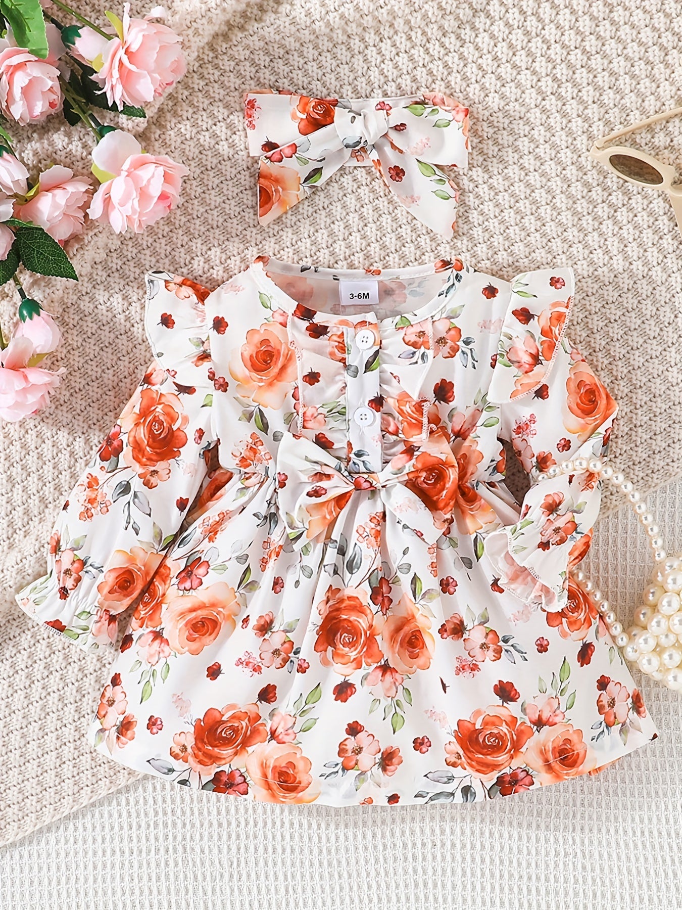 Baby Girls Bow Front Floral Ruffle Long Sleeve Dress