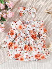 Baby Girls Bow Front Floral Ruffle Long Sleeve Dress
