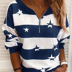 Zip Front Star Print Sweatshirt for Women