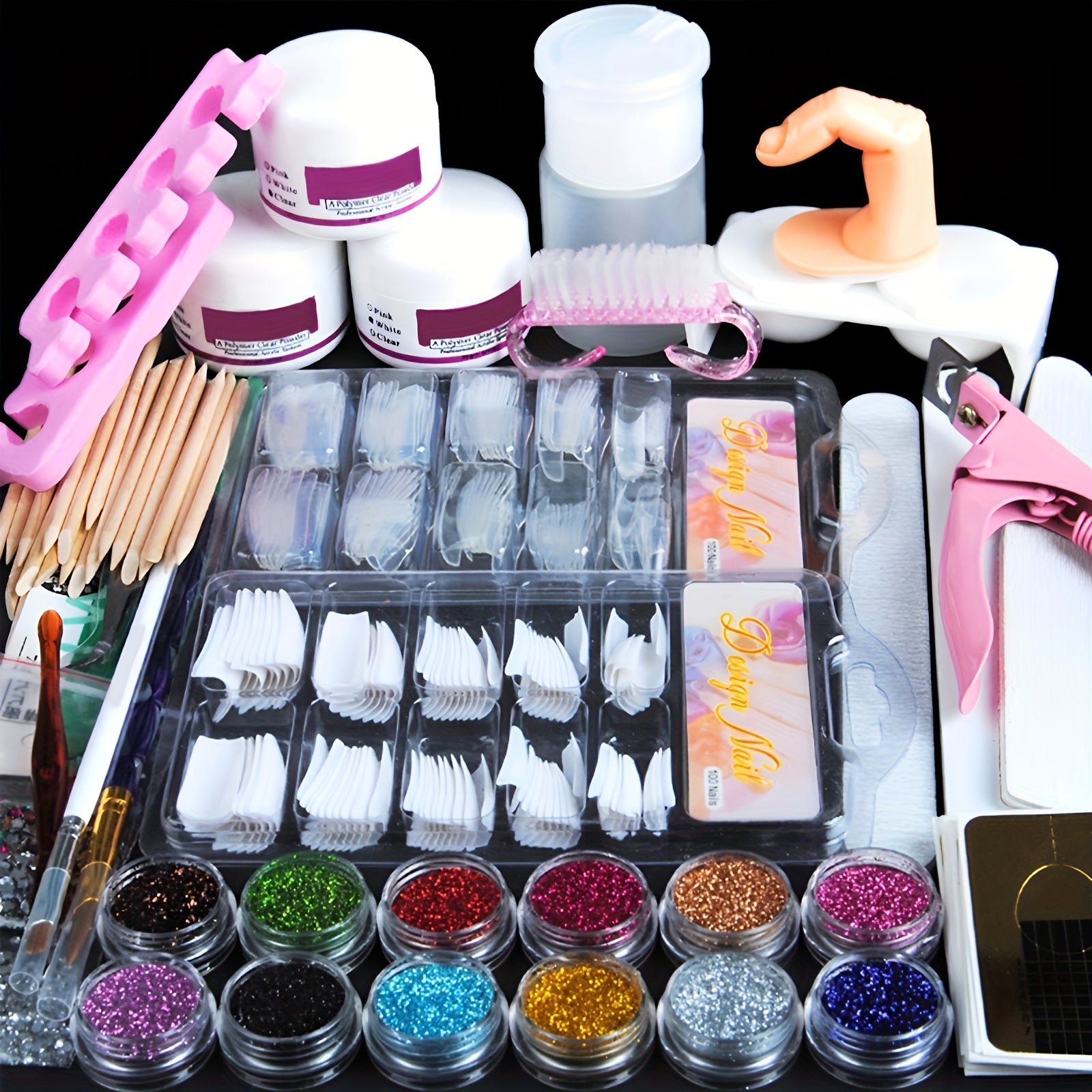 23-in-1 Acrylic Nail Kit: Glitter & Clear Pink Acrylic Powder, Manicure Tools