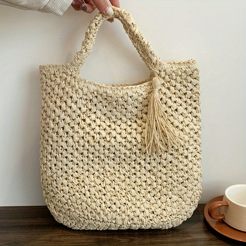 Large Capacity Straw Handbag Lightweight Braided Satchel Bag With Tassel