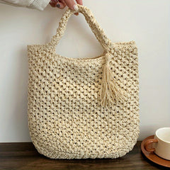 Large Capacity Straw Handbag Lightweight Braided Satchel Bag With Tassel