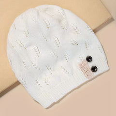 Women's Hollow Knit Beanie Hat Button Decor Warm Cap