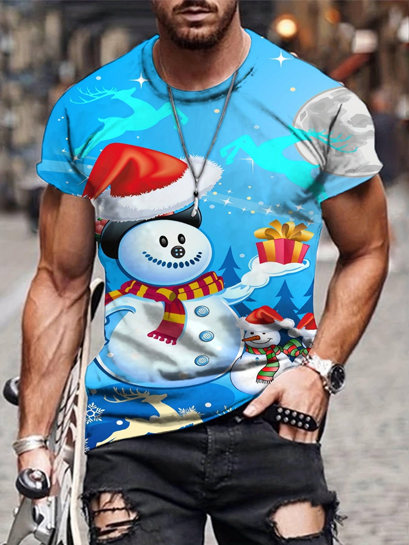 Christmas Snowman Print Men's Graphic T-shirt Casual Comfy Tees
