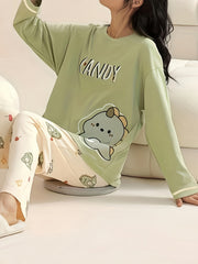 Dino Print Pajama Set Long Sleeve Top & Pants Women's Sleepwear