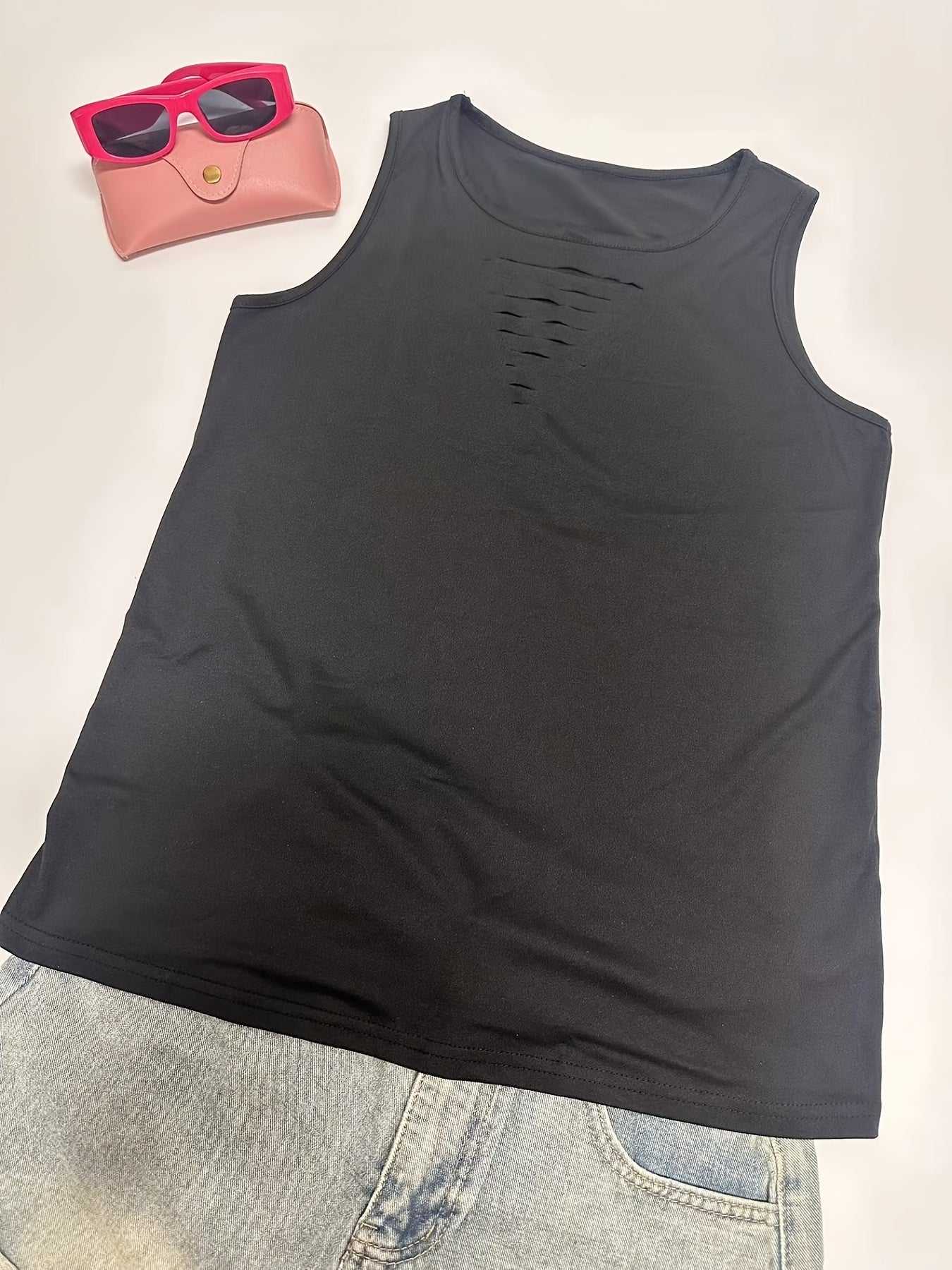 Sexy Solid Cut Out Tank Top Crew Neck Summer Sleeveless