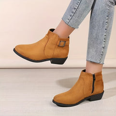 Women's Chunky Low Heel Short Boots Side Zip Ankle Buckle Boots