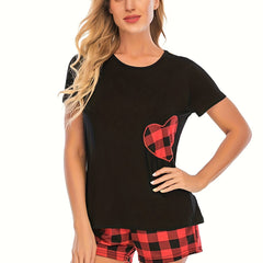 Heart Print Pajama Set Crew Neck Top & Plaid Shorts