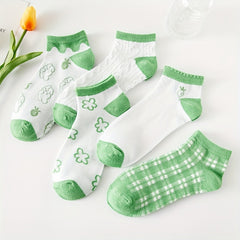 5 Pairs Floral Cartoon Print Socks Lightweight & Breathable Low Cut Ankle Socks