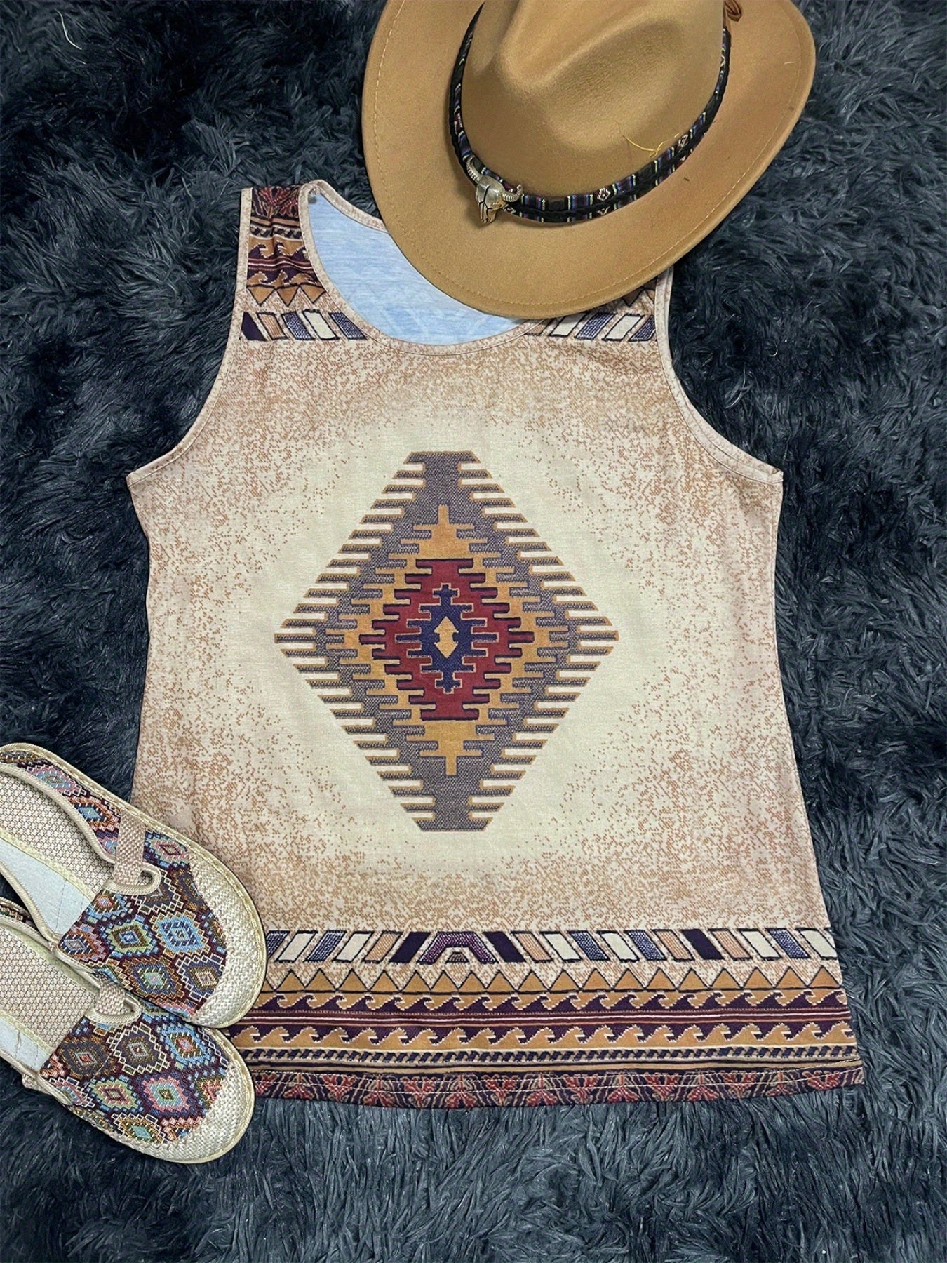 Geo Print Crew Neck Tank Top Women's Sleeveless Summer Top