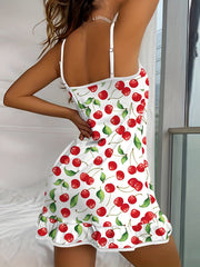 Strawberry Print Nightdress V Neck Ruffle Slip Dress Women's Sleepwear