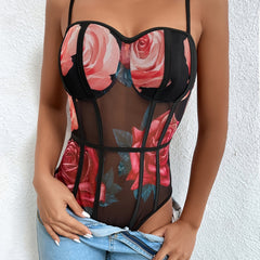 Sexy Floral Print Mesh Bodysuit Sheer Stretchy Bodysuit