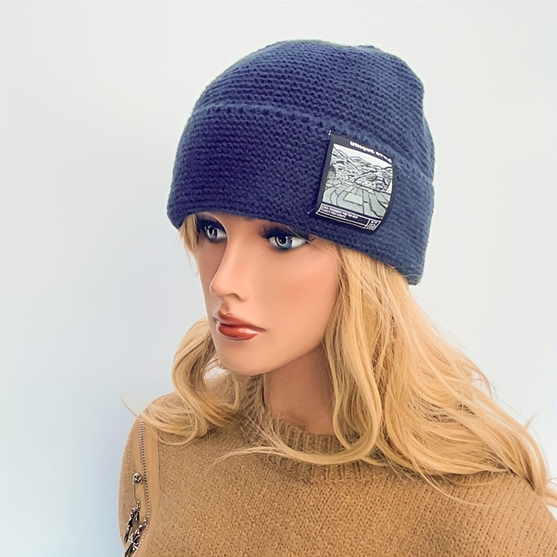 Classic Label Patch Beanie Thick Warm Knit Hat Solid Skull Cap Soft Lightweight