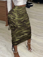 Newspaper Print Drawstring Skirt Bodycon Sexy Pocket High Waist Bottom