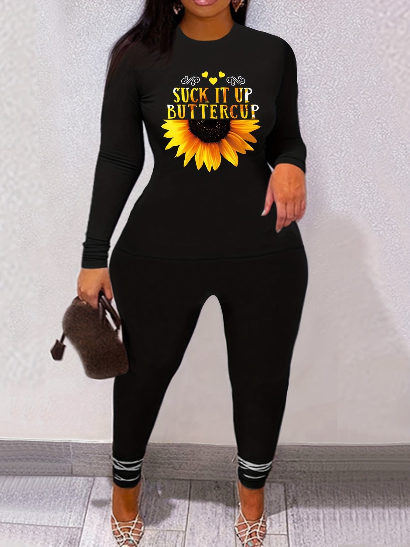 Women's Plus Sunflower & Letter Print Tee & Leggings Outfits Set