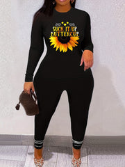 Women's Plus Sunflower & Letter Print Tee & Leggings Outfits Set