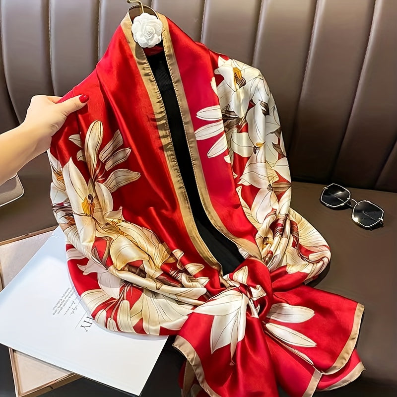 Magnolia Print Red Satin Scarf Silk Shawl Large Sunscreen Head Wraps