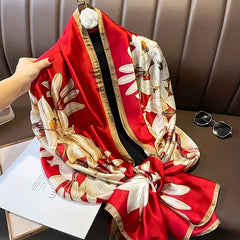 Magnolia Print Red Satin Scarf Silk Shawl Large Sunscreen Head Wraps