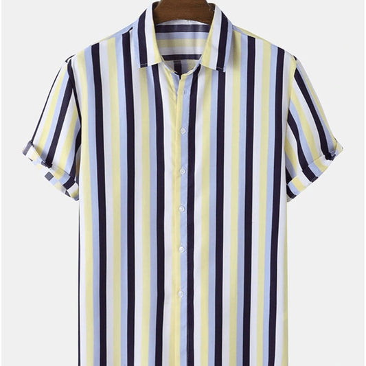 Men's Casual Stripe Print Short Sleeve Button Down Shirt