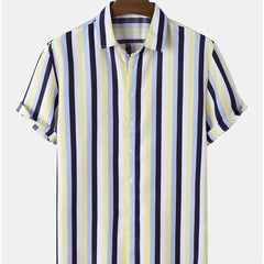 Men's Casual Stripe Print Short Sleeve Button Down Shirt