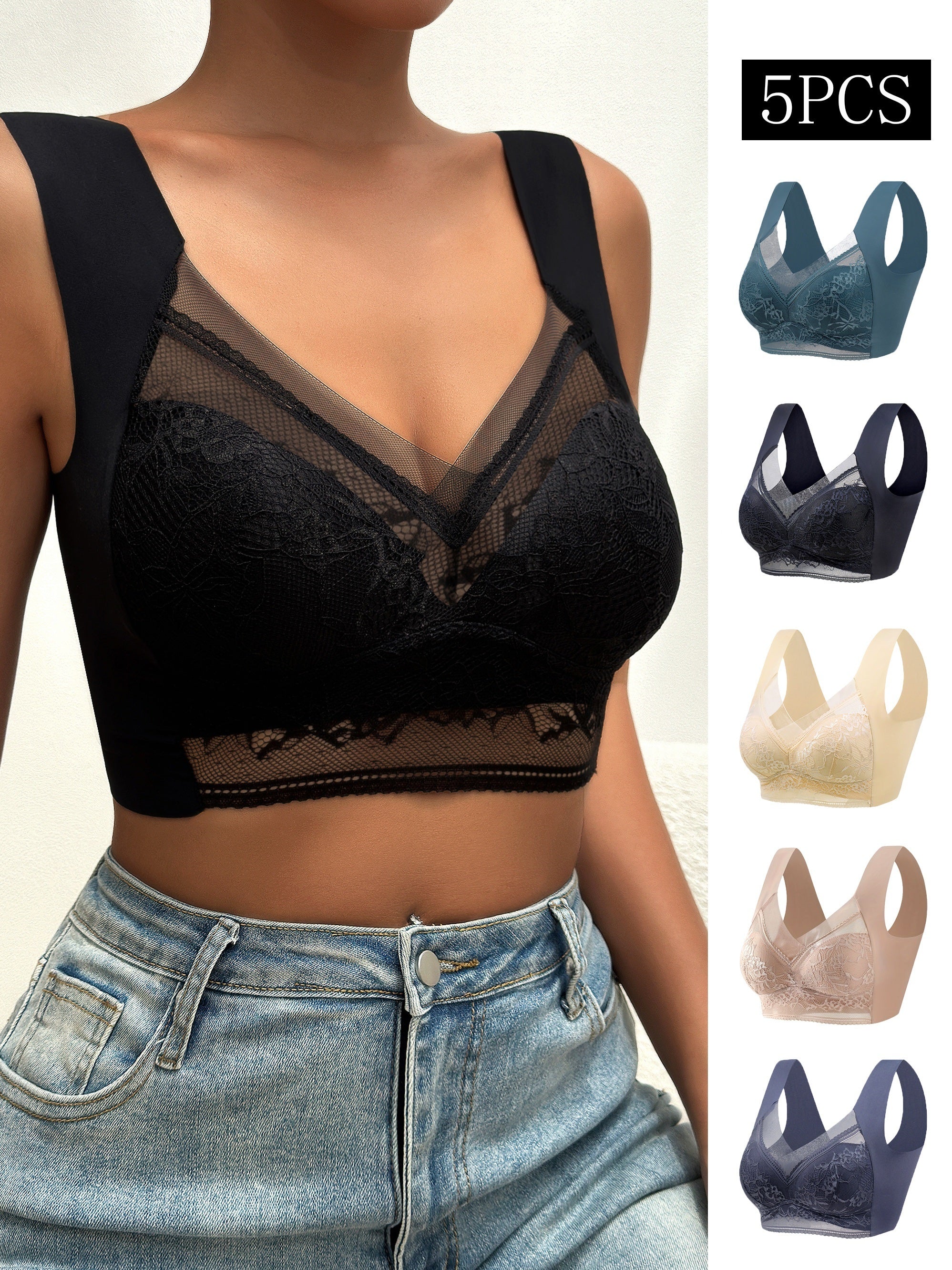 5pcs Lace Wireless Bras Full Coverage Women's Lingerie