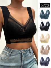 5pcs Lace Wireless Bras Full Coverage Women's Lingerie