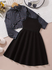 2pcs Girls Dress Clothes Plaid Long Sleeve Top Knit Cami Dress Set
