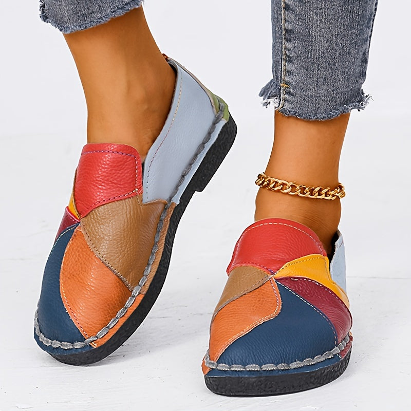 Women's Colorblock Flat Loafers Soft Sole Slip On Faux Leather Shoes