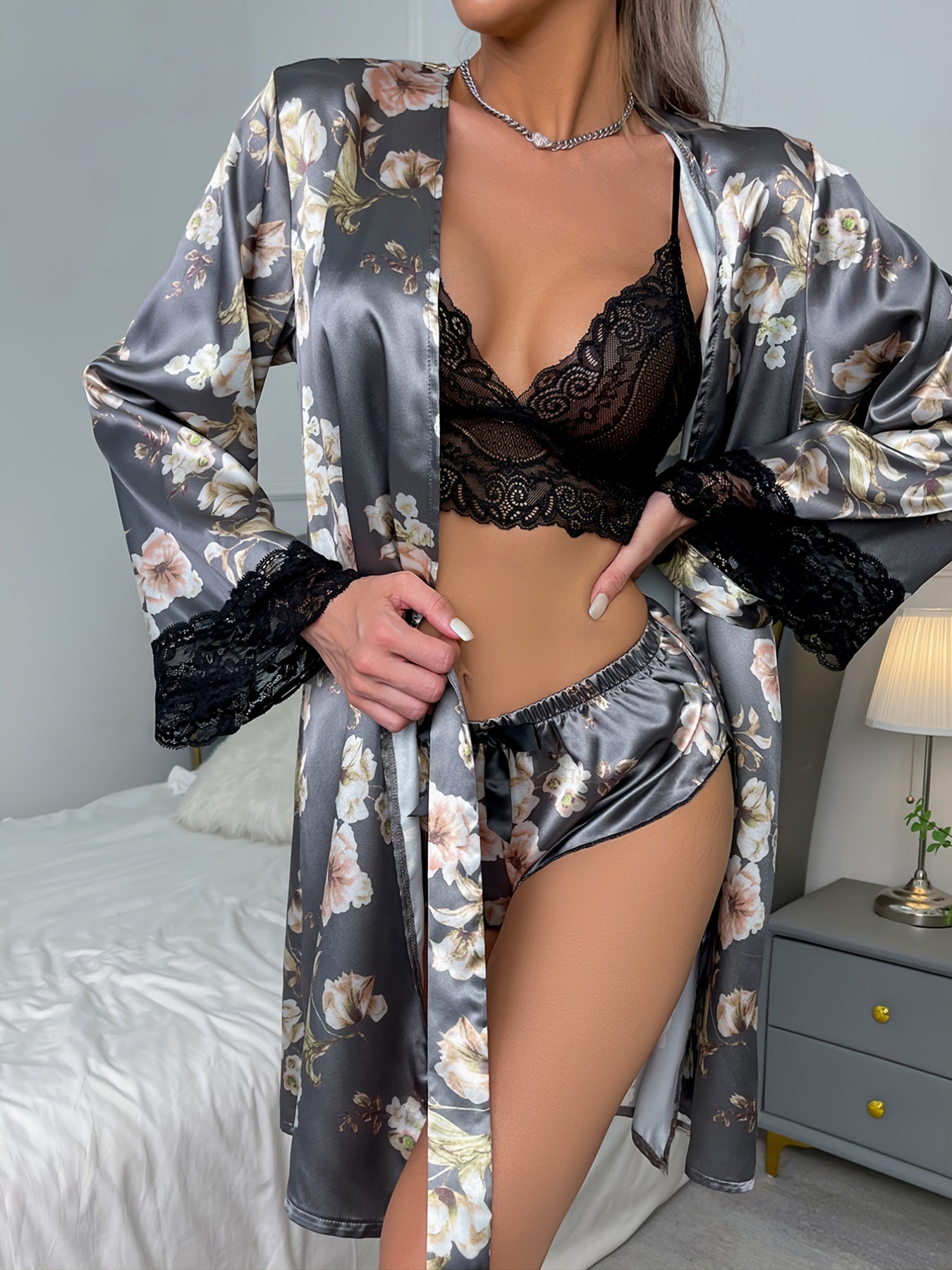 3 Pcs Floral Pajamas Set Lace Trim Cami & Shorts